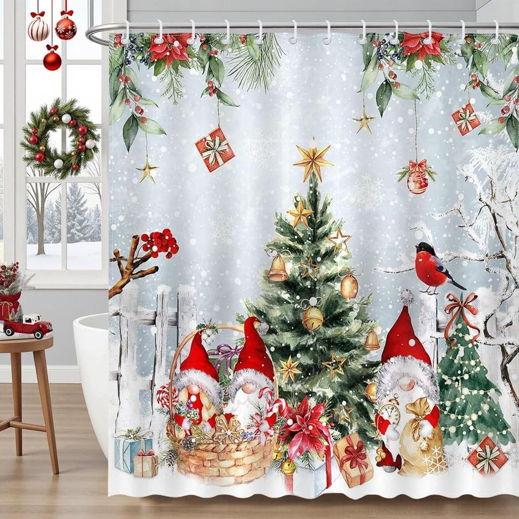 Cortina de Chuveiro com Gnomo de Natal Mocsicka, Linda Cortina de Chuveiro com Árvore de Natal e Gnomo, Cortinas de Chuv