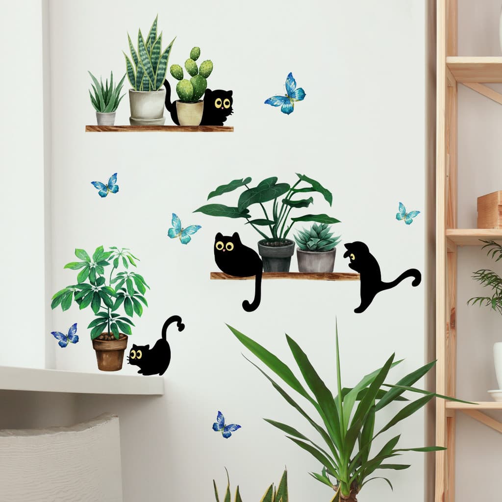 Adesivos de parede com plantas verdes e gatos pretos em um fundo branco