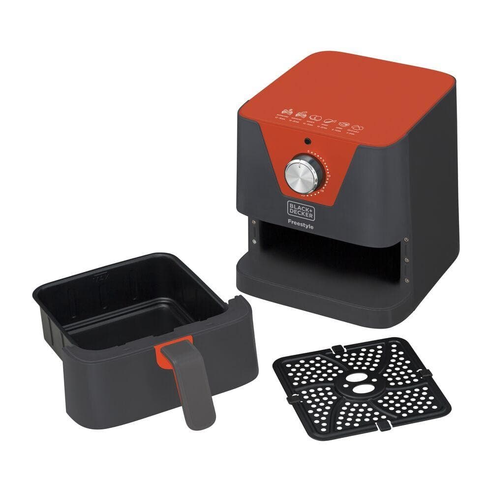 Fritadeira elétrica Black Decker Freestyle sem óleo 1,5L, preto e vermelho, com compartimento removível e grelha.