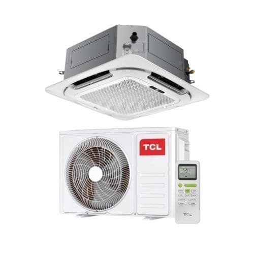 Ar Condicionado Split Cassete TCL 24000 Btus, unidade externa e interna, controle remoto e fundo branco