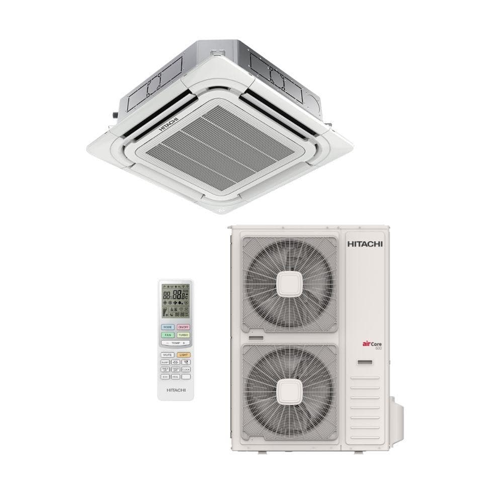 Ar Condicionado Hitachi 56000 BTUs Split Cassete Inverter, unidade externa e interna, controle remoto, fundo branco.