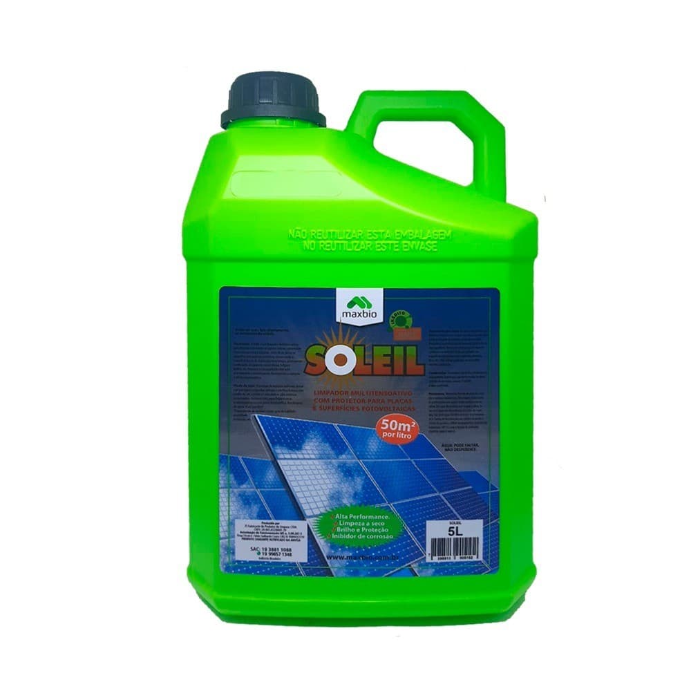 Limpador de Placa Solar Maxbio Soleil 5L verde, fundo branco, rótulo azul