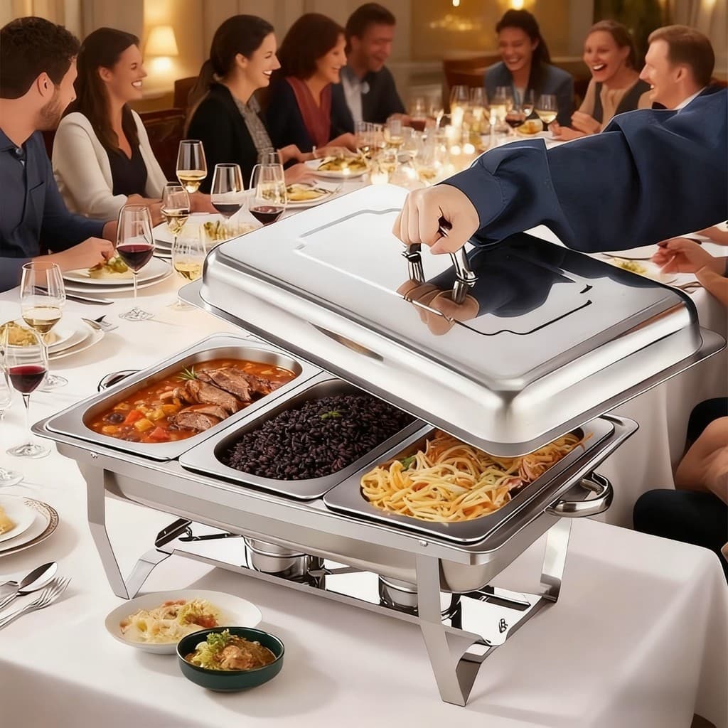 Rechaud Profissional Inox 12L com 1, 2 ou 3 Divisórias para Buffet Festas Eventos