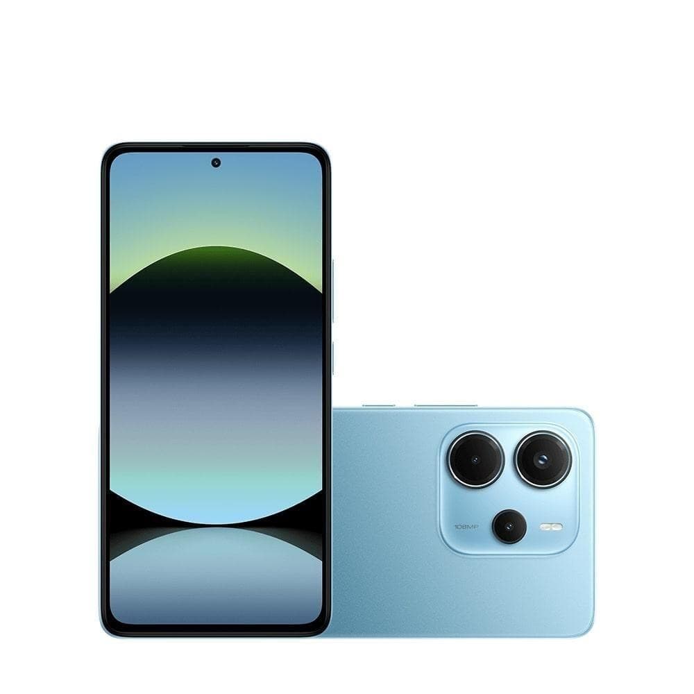 Smartphone Xiaomi Redmi Note 14, azul, frente e verso com câmera tripla