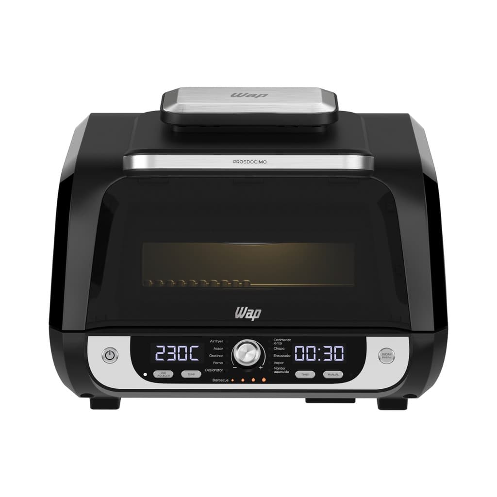 Fritadeira elétrica Wap Air Fryer Barbecue preta e prata, com tela digital e controles visíveis