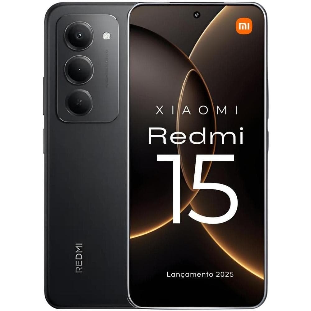 Xiaomi Redmi 15 smartphone com três câmeras e tela preta