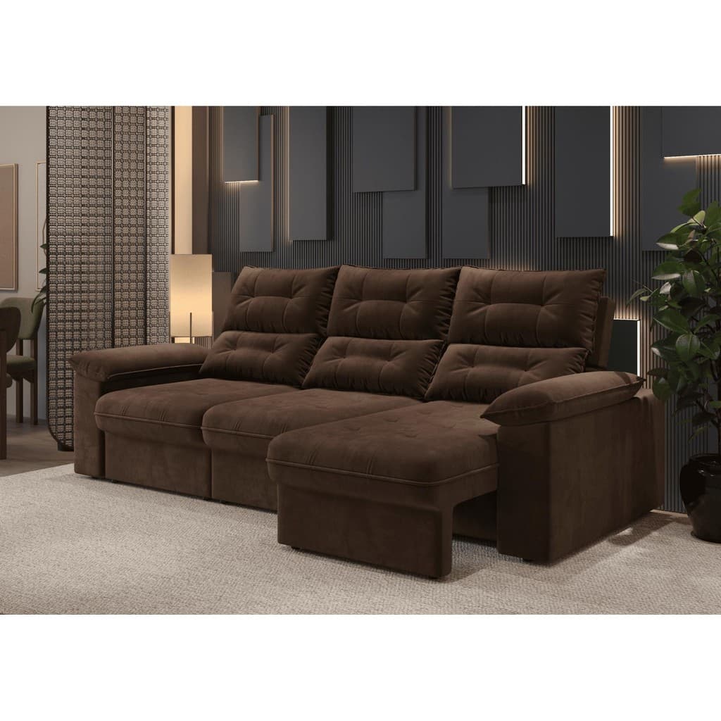 Sofá retrátil e reclinável de suede marrom, 4 lugares, 2,30m, Copacabana