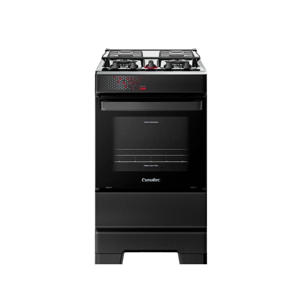 Fogão Esmaltec 4 Bocas Ideal Top Mesa Inox com tampa de vidro e forno de 50 litros, preto