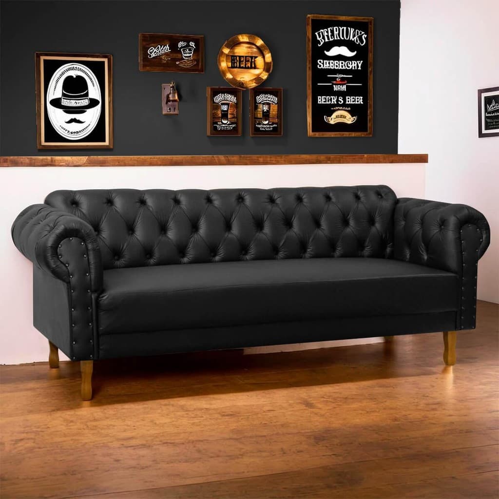 Sofá Chesterfield 2 Lugares Pé Luís XV Capitonê Corino Preto