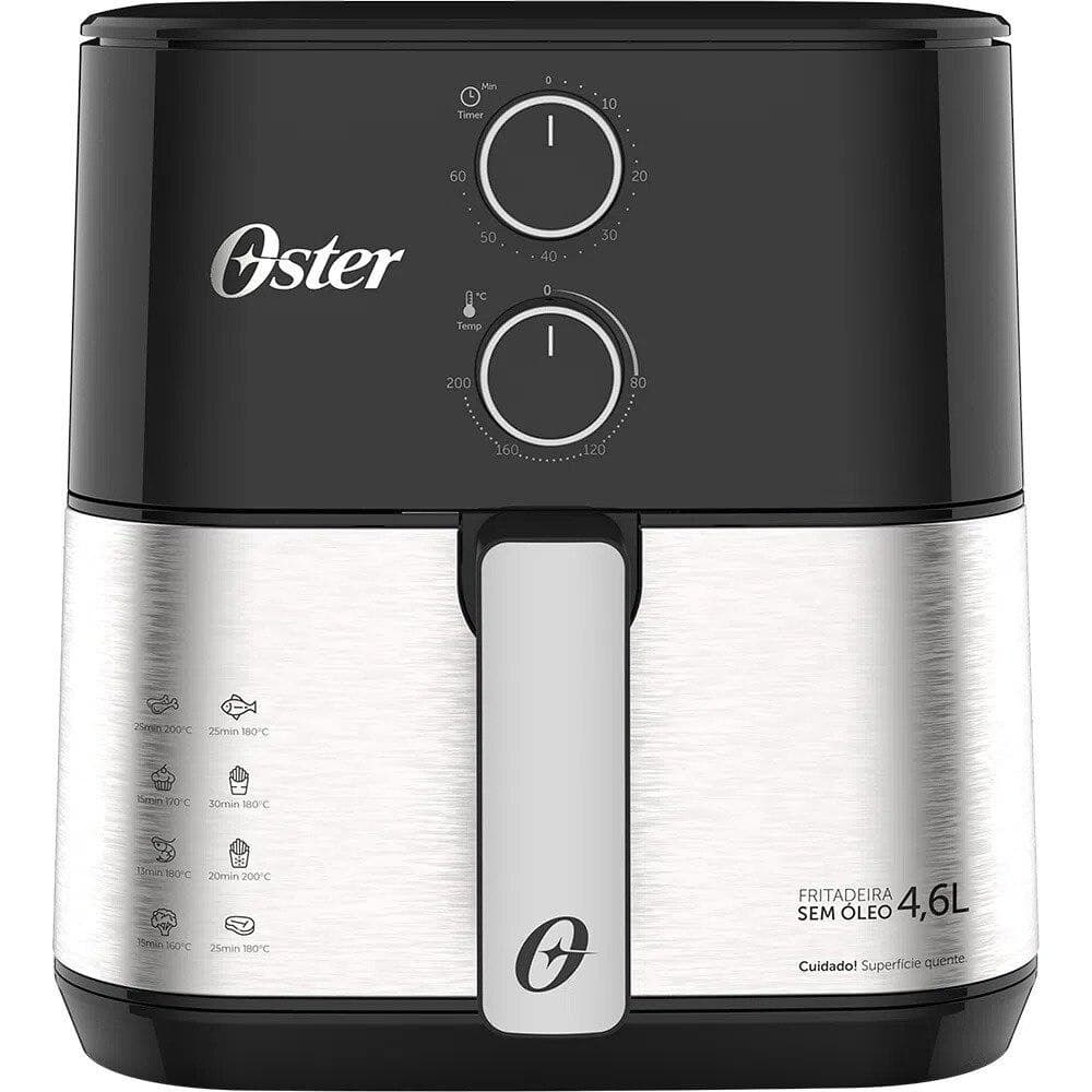 Fritadeira elétrica Oster Inox OFRT520, 4,6 litros, preta e prata, com controle rotativo e ícones de funções.