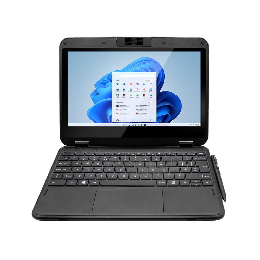 Notebook 2 em 1 Ultra com tela aberta mostrando o sistema Windows 11, teclado e trackpad visíveis, fundo branco, cor preta predominante