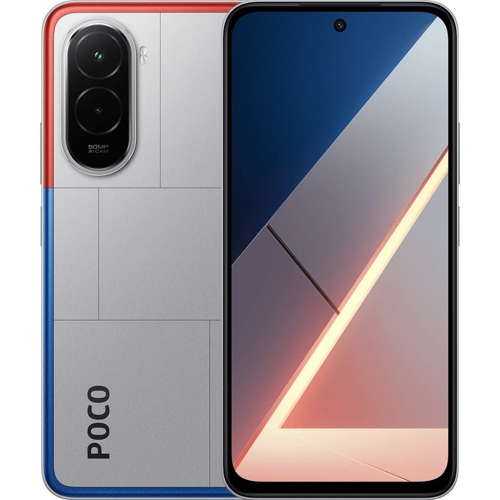 Smartphone Xiaomi POCO M7 4G com módulo de câmera dupla e tela gradiente azul-rosa