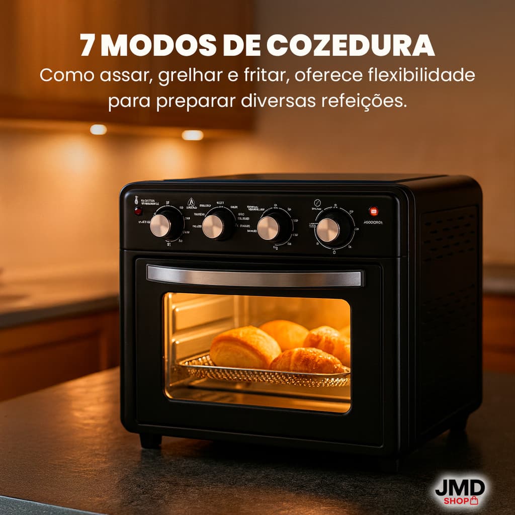 Forno elétrico e air fryer preto 30L com múltiplas funções de cozimento