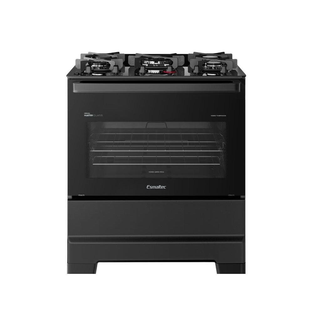 Fogão a gás Esmaltec 5 bocas Ideal Master Glass com mesa de vidro e forno 84 litros, preto, contra fundo branco