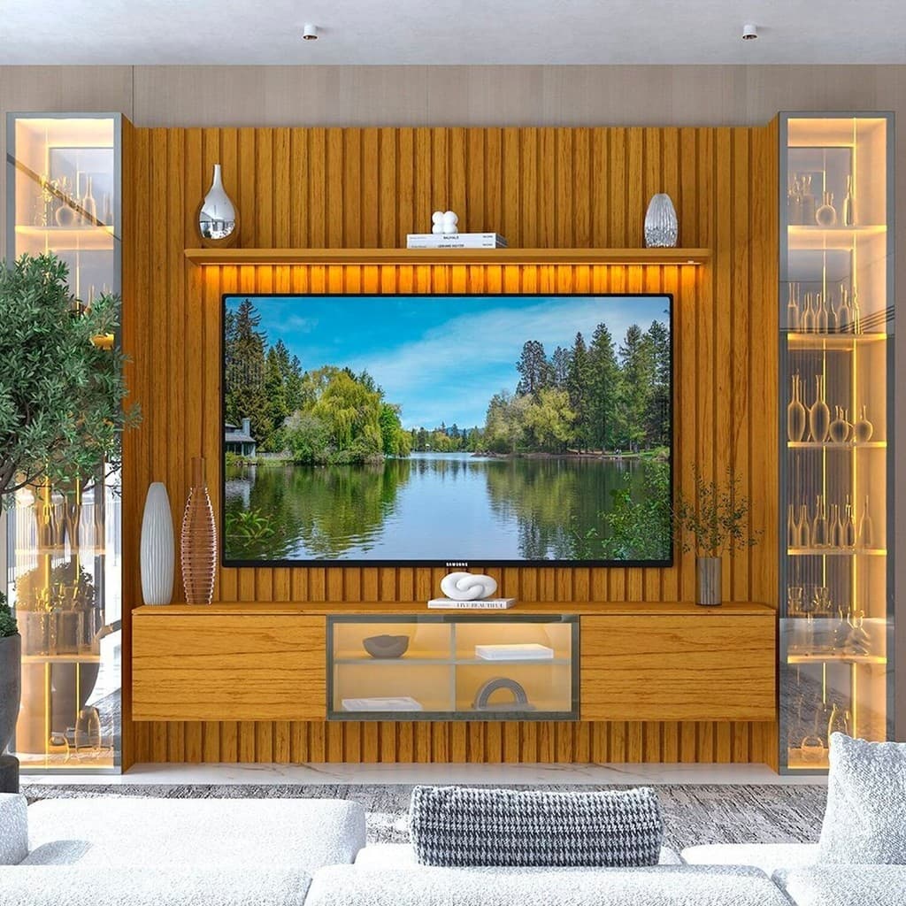 Estante Ripado Home para TV 84 Polegadas com LED, madeira ripada, 5 portas, iluminação LED, sala de estar