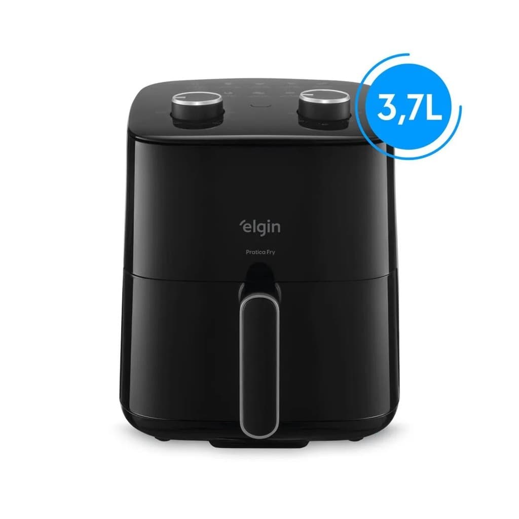 Fritadeira Elétrica Elgin Prática Fry 3,7L, preta, com controles de temperatura e tempo, em fundo branco.