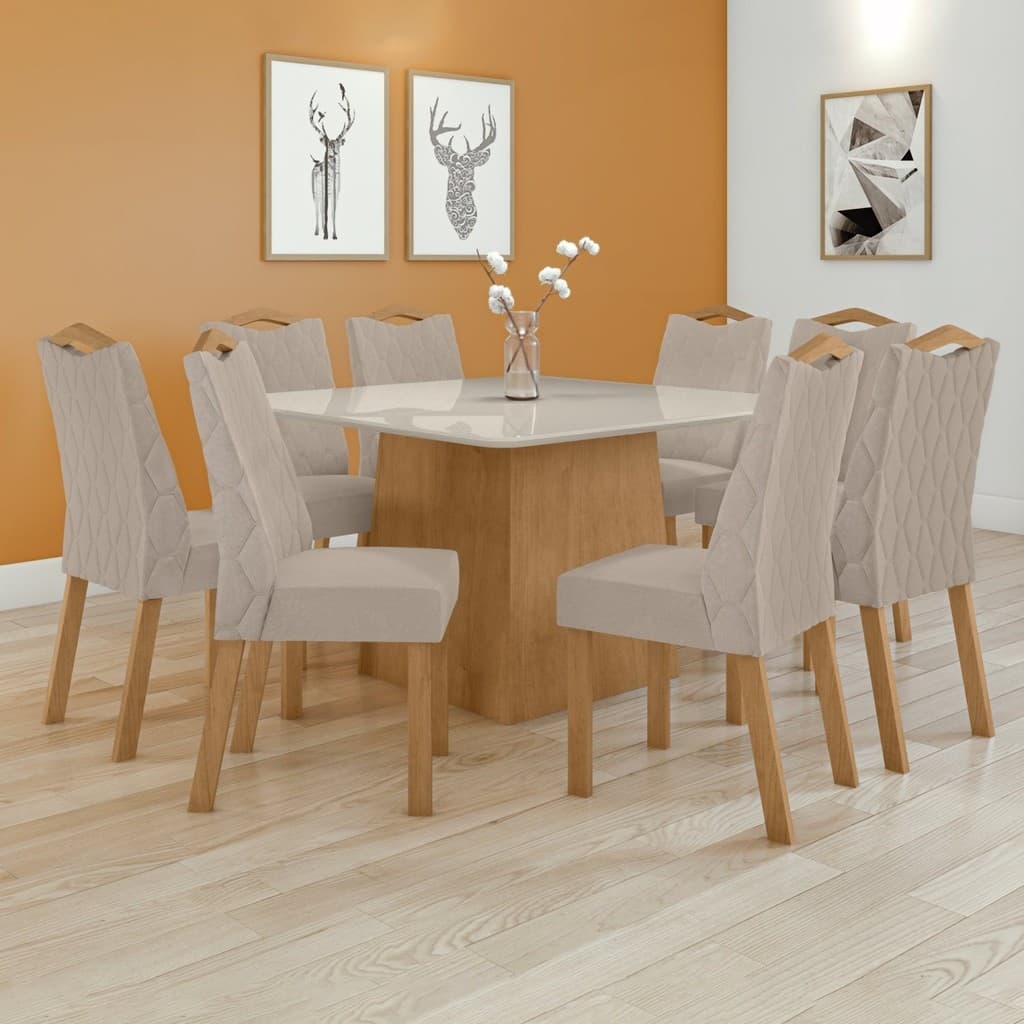Conjunto Sala de Jantar 8 Lugares Quadrada Tampo Vidro/MDF Mesa Nevada e Cadeiras Vênus Amêndoa Clean/Off White/Creme