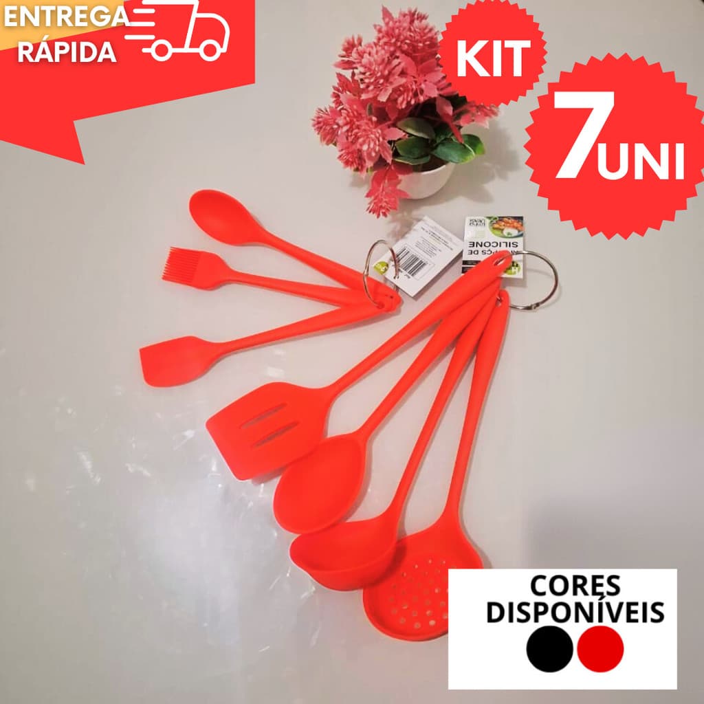 Kit Silicone 7 Utensilios 3 Mini Concha Colher Espatula + 4 Uni Espátula Colher Redonda Concha Escumadeira Resistente