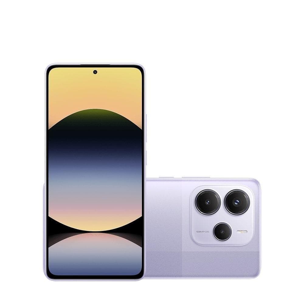 Smartphone Xiaomi Redmi Note 14 5G, cor Roxo, vista frontal e traseira
