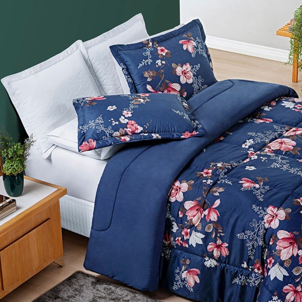 Kit de edredom floral azul escuro com três peças para cama queen
