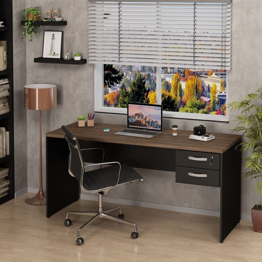 Mesa De Escritório Escrivaninha com Gaveta Tampo 2 Gavetas 160cm Nogal Nogal