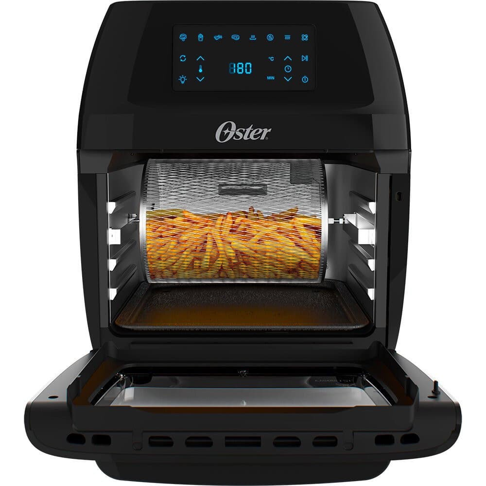 Fritadeira sem óleo Oster Oven Fryer, 3 em 1, 1800W, 12 litros, preta com cesto de batatas fritas visível