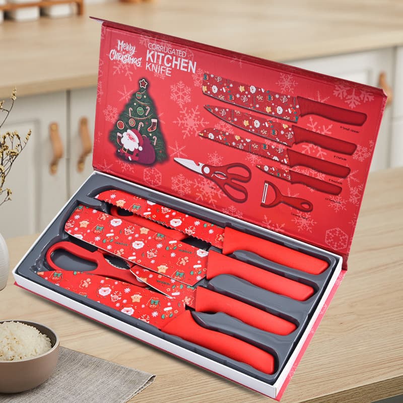 Jogo de facas de cozinha vermelhas com decoração natalina, sete peças em uma caixa vermelha
