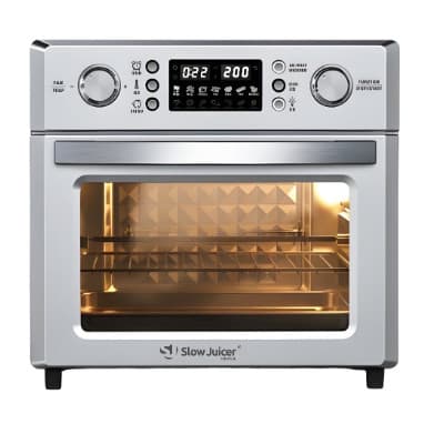 Forno Airfryer Inox Alliere 26L com espeto giratório e cesto rotativo, controles digitais, fundo branco.