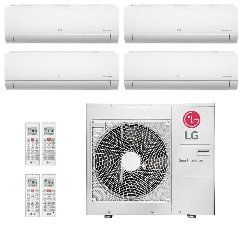 Ar-condicionado multi split inverter LG 36.000 com quatro evaporadoras e uma condensadora branca, fundo branco, controles remotos, logo LG vermelho