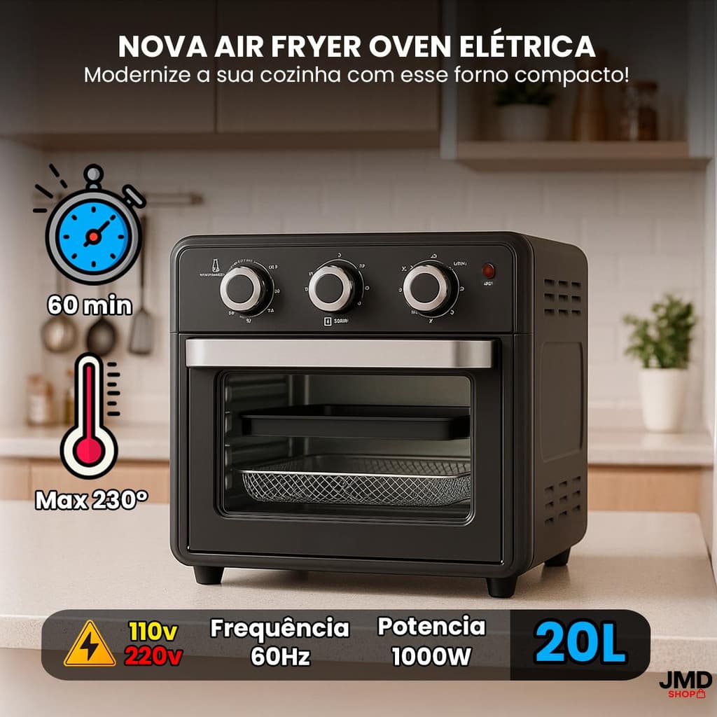 Forno elétrico Air Fryer Oven 20L com painel intuitivo, preto e prata, 1000W, 20L, mostrado em fundo branco