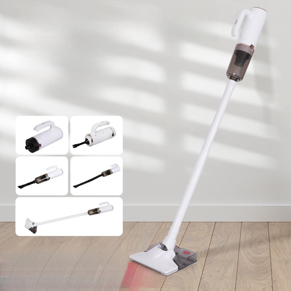Aspirador de pó multifuncional sem fio branco e cinza, aspirador de mão, acessórios