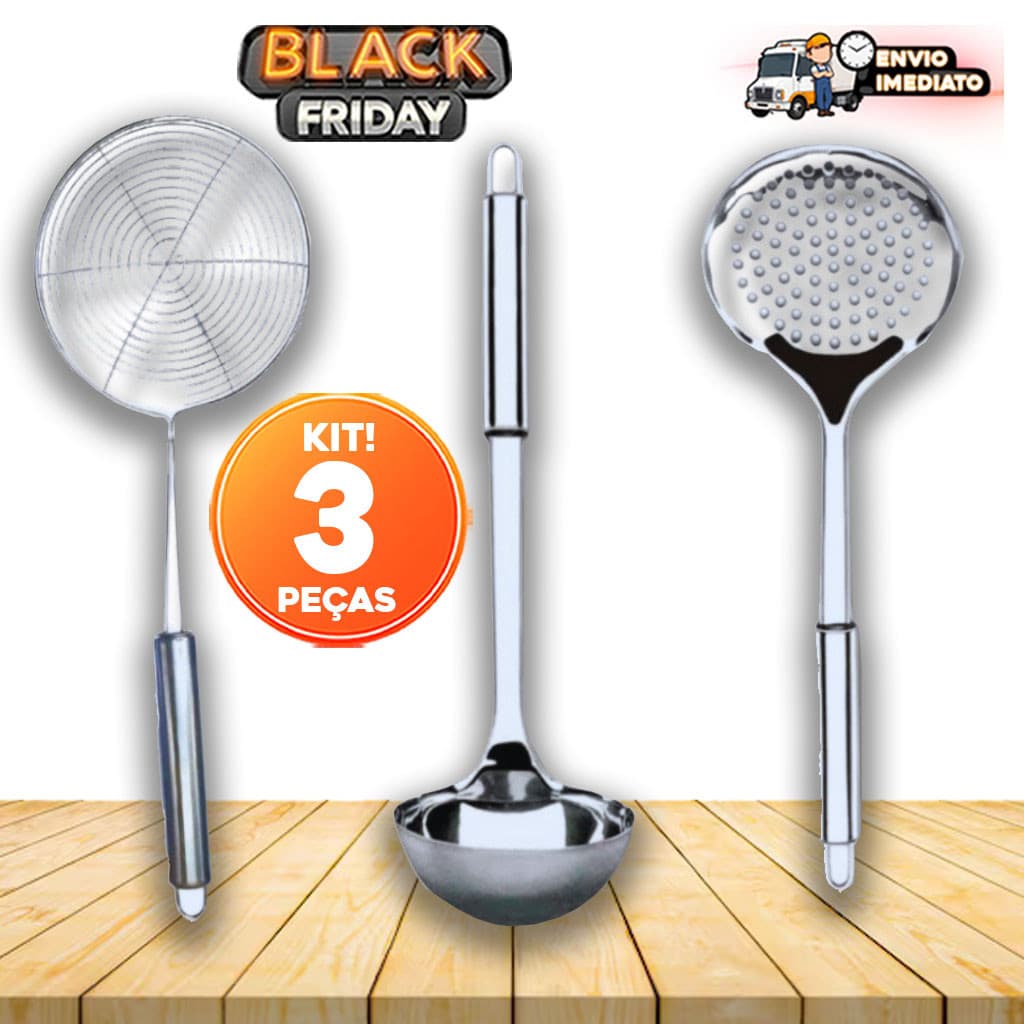 Kit 3 peças de utensílios de cozinha com concha para sopas e duas escumadeiras