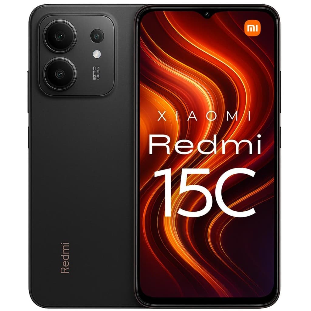 Foto frontal do smartphone Xiaomi Redmi 15C preto com câmera traseira quadrupla