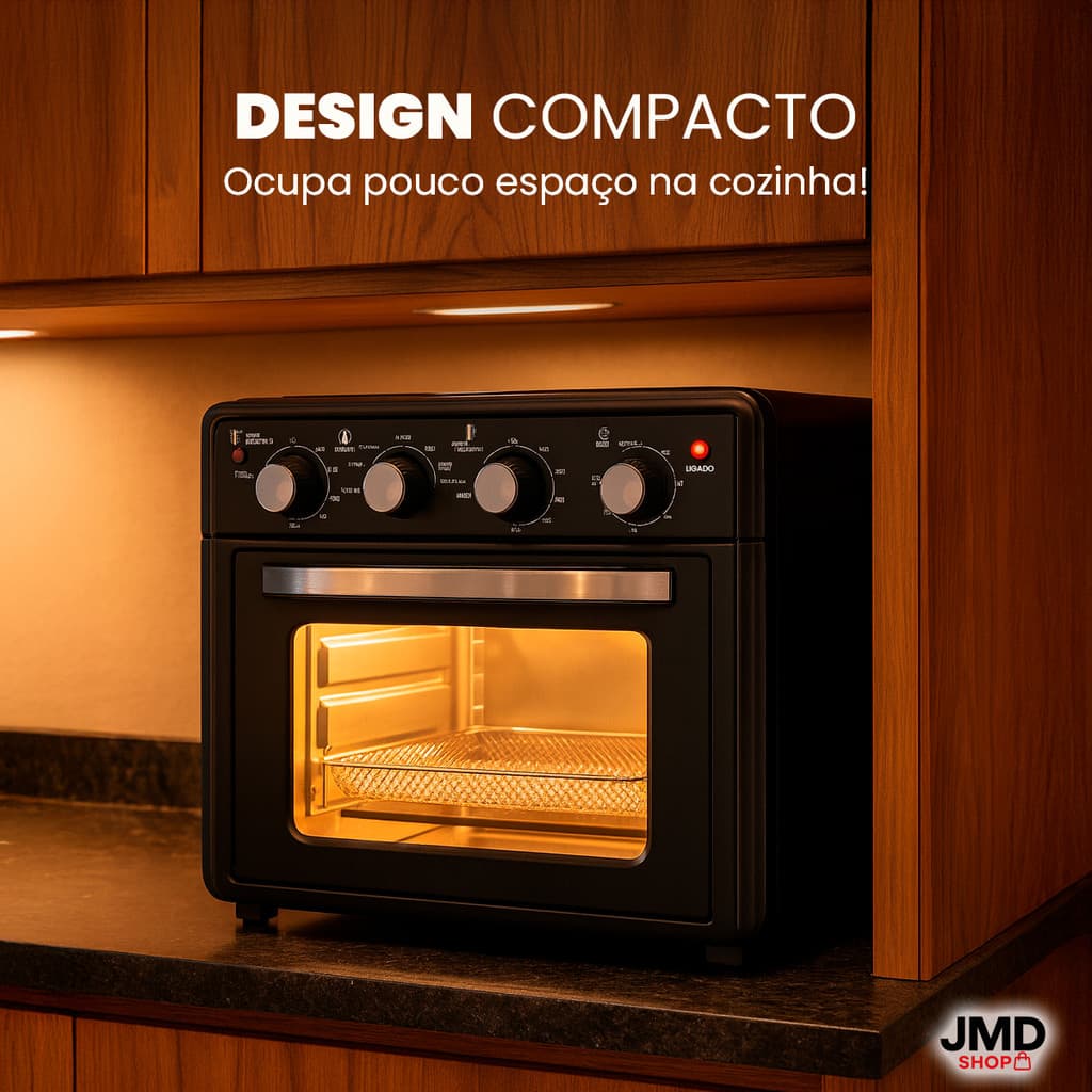 Forno elétrico e air fryer preto 30L, design compacto com compartimento interno iluminado, controles de temperatura e tempo visíveis.