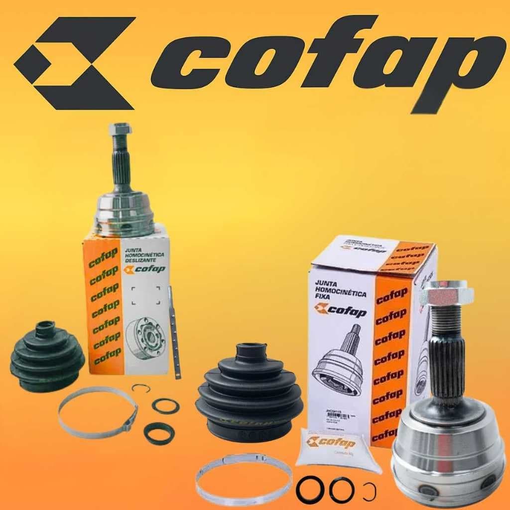 Kit de junta homocinética Cofap com componentes e embalagens sobre fundo amarelo