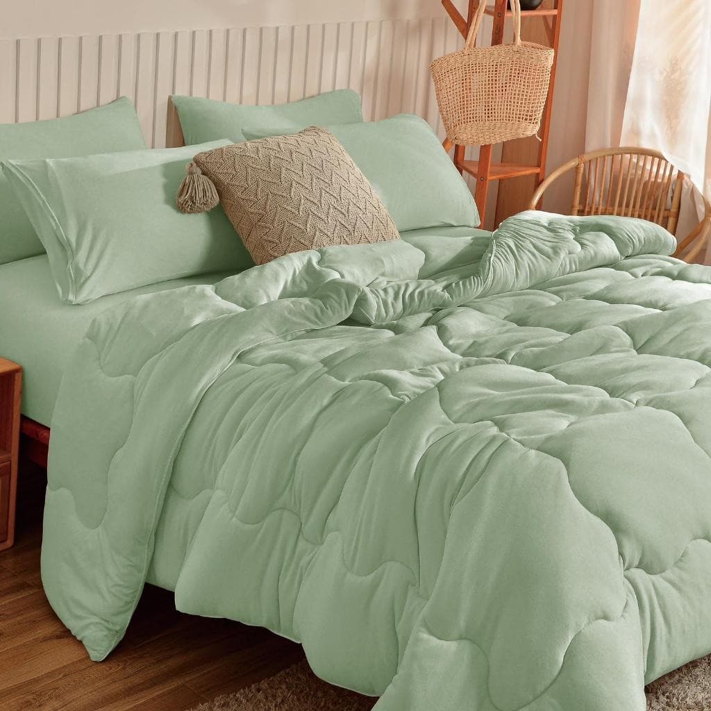 Kit de edredom de malha verde claro com design de ondas, ideal para cama queen