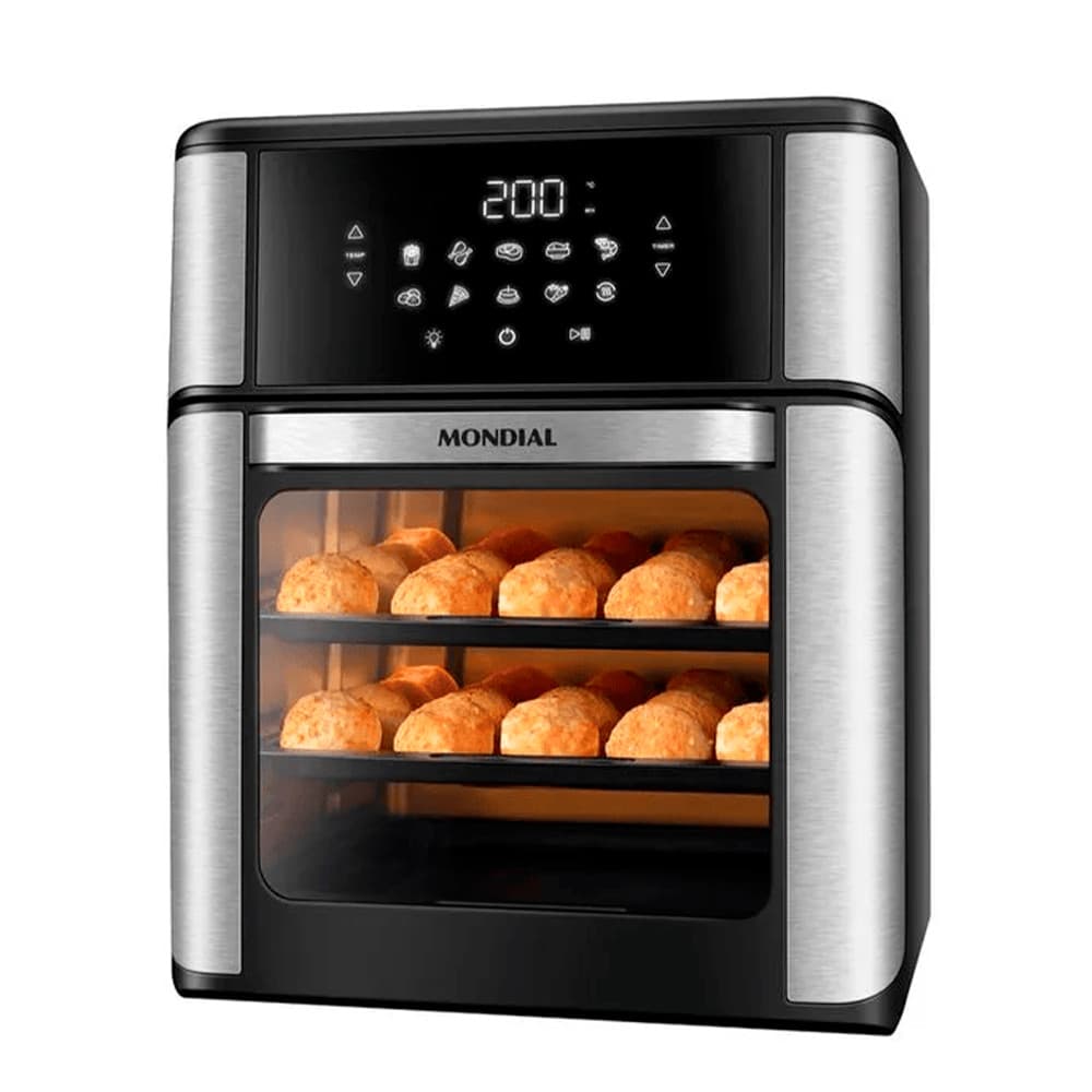 Fritadeira elétrica sem óleo Mondial Oven Afon 12L, preta e prata, com pães torrados visíveis.