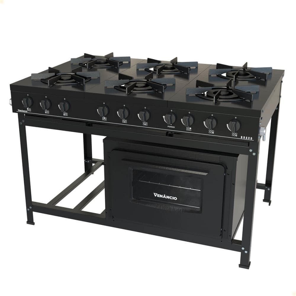 Fogão Industrial Venâncio a Gás Bravo 6 Bocas com Forno Preto BR6BFPR
