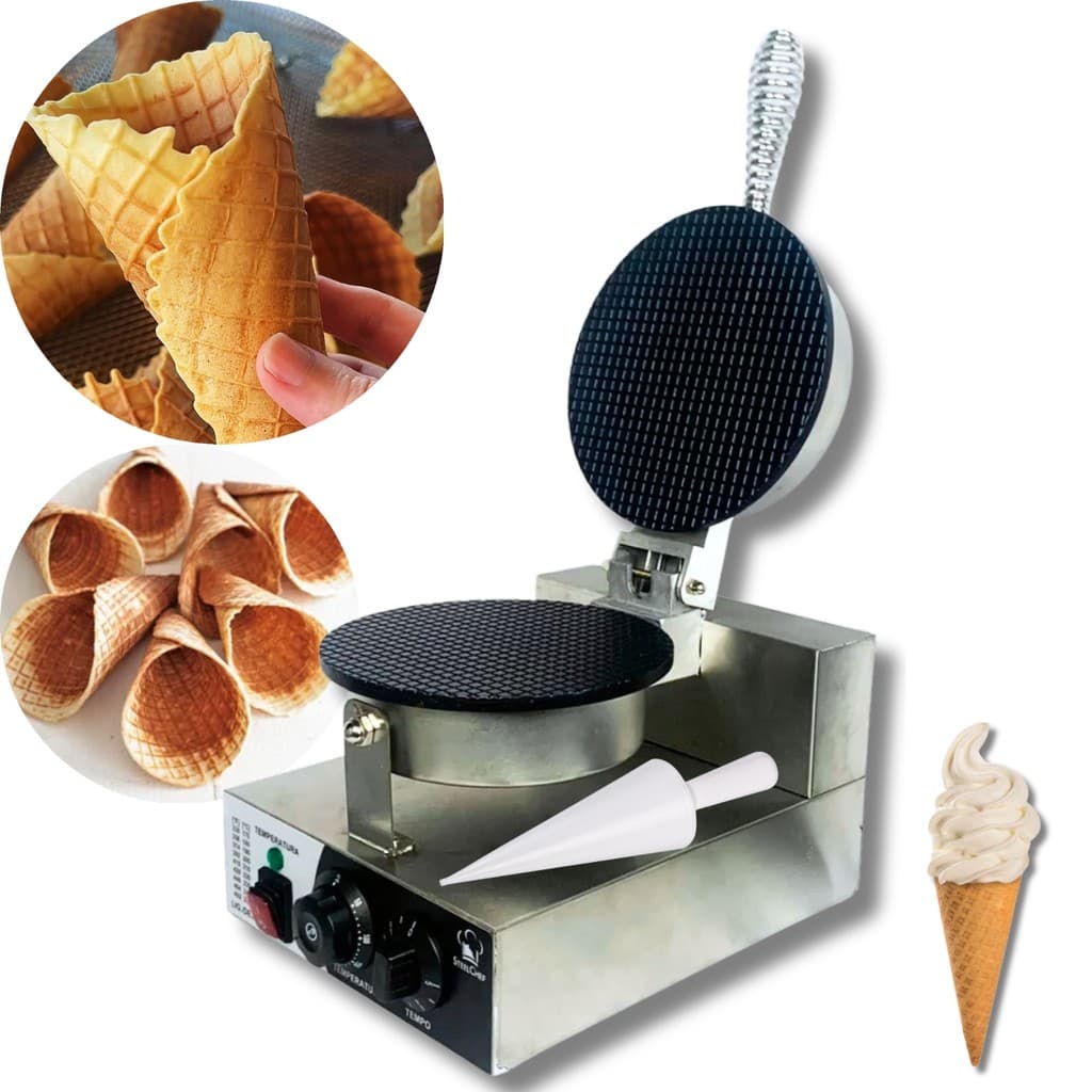 Máquina Waffle Elétrica Casquinha Sorvete Profissional Inox