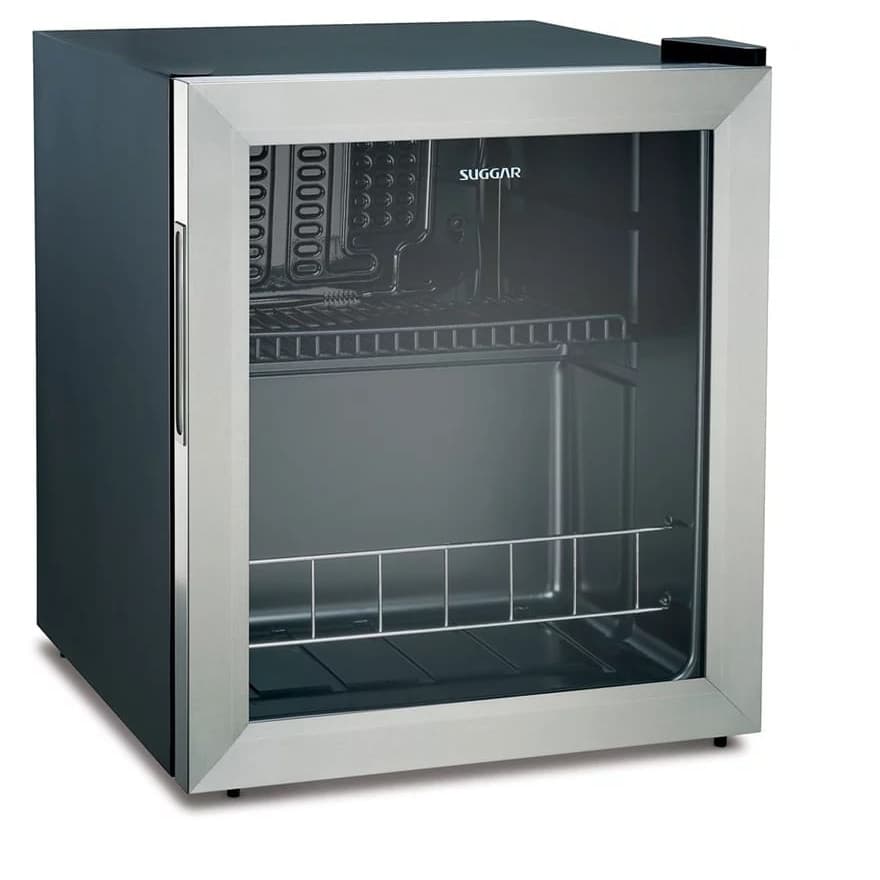 Frigobar Suggar 46L Inox 220V FB4612IX em aço inoxidável com porta de vidro aberta mostrando interior vazio.