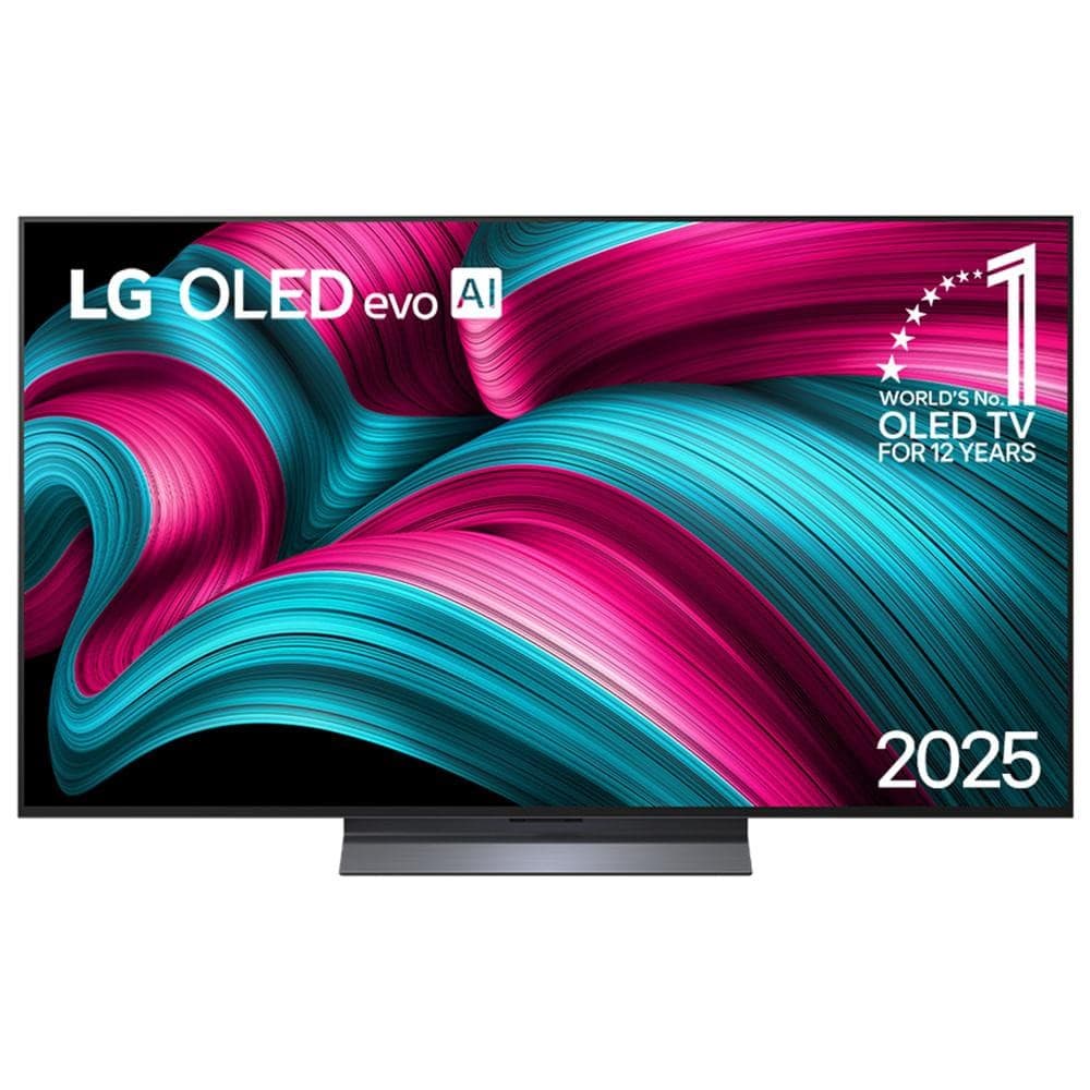 Smart TV 4K LG OLED AI 55 polegadas, ondas coloridas rosa e azul, fundo preto, texto OLED TV anos 2025