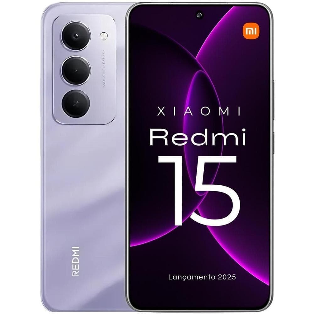 Smartphone Xiaomi Redmi 15, frente e verso, com tela roxo e traseira prateada.