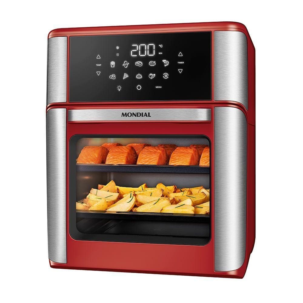 Fritadeira Air Fryer Forno Oven 12L Mondial Vermelho/inox 2000W AFON-12L-RI 110V, vermelho e inox, alimentos assados, fundo branco