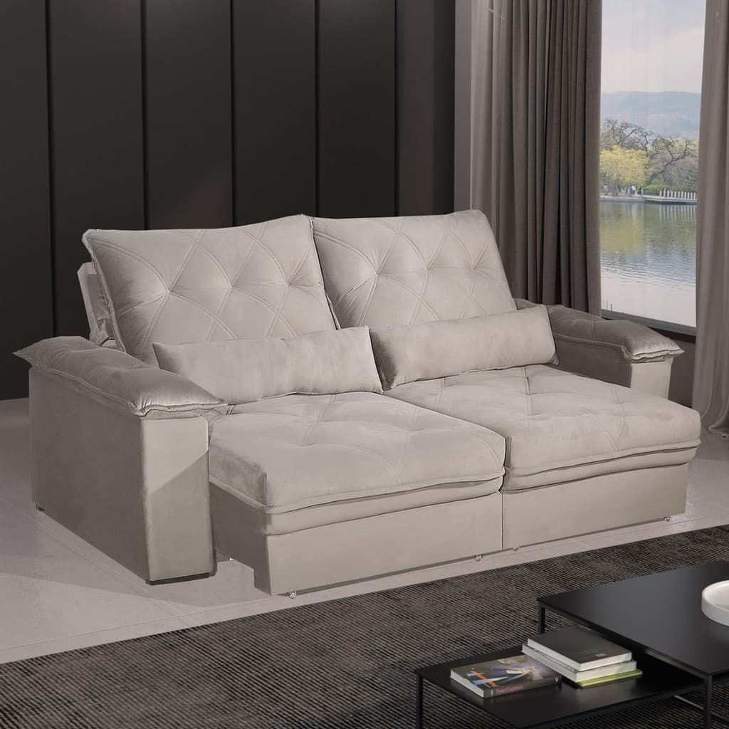 Sofá 4 lugares retrátil e reclinável cinza claro com almofadas decorativas