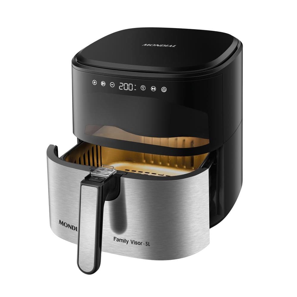 Fritadeira sem óleo Mondial Family Visor-5L, preta e inox, com cesto aberto e tela digital.