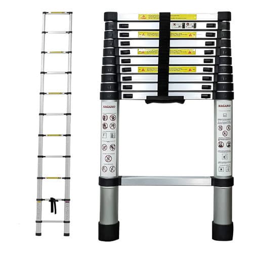 Escada telescópica inox 11 degraus Nagano, multifuncional, 3,2mts, contra fundo branco
