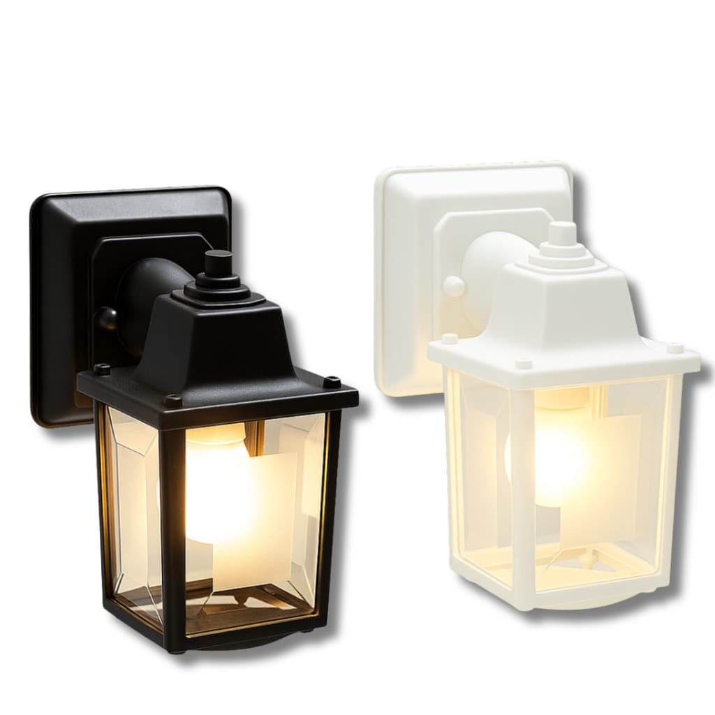Luminária de parede preta e branca com vidro transparente e iluminação interna, fundo branco.