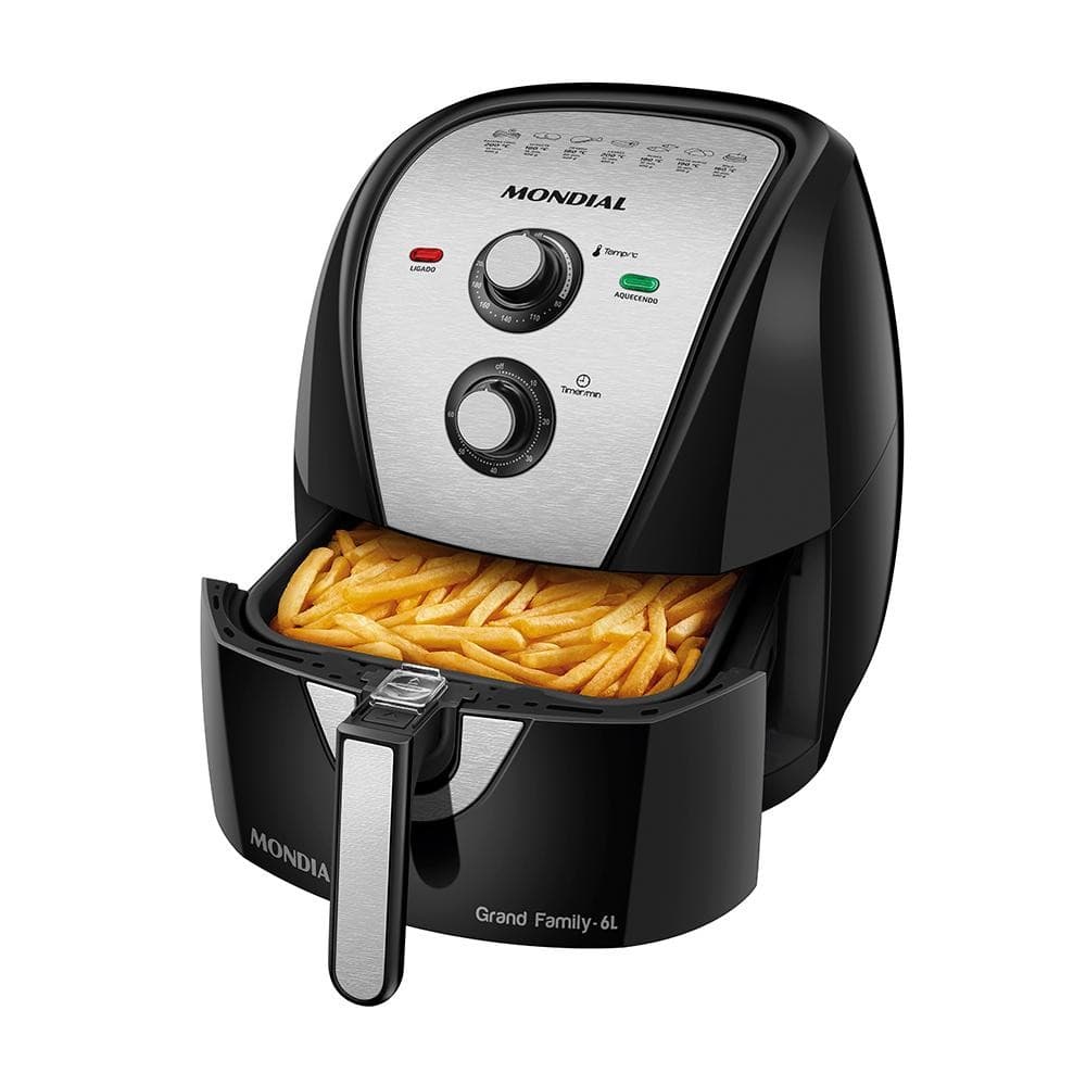Fritadeira sem óleo Mondial Grand Family-6L com cesto aberto e batatas fritas