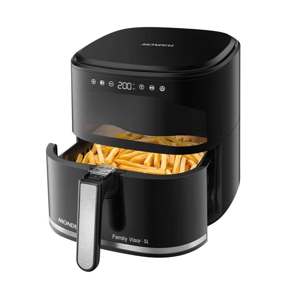 Fritadeira sem óleo digital Mondial AF-50-DV 5L preta com cesto de batatas fritas visível