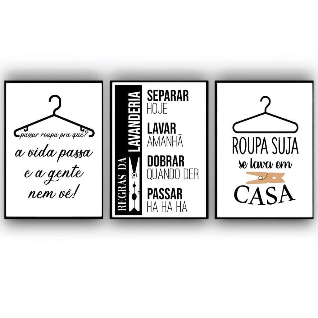 Kit 3 Quadros Lavanderia Roupas  Regra da Lavanderia Área Serviço 20x30 KT3
